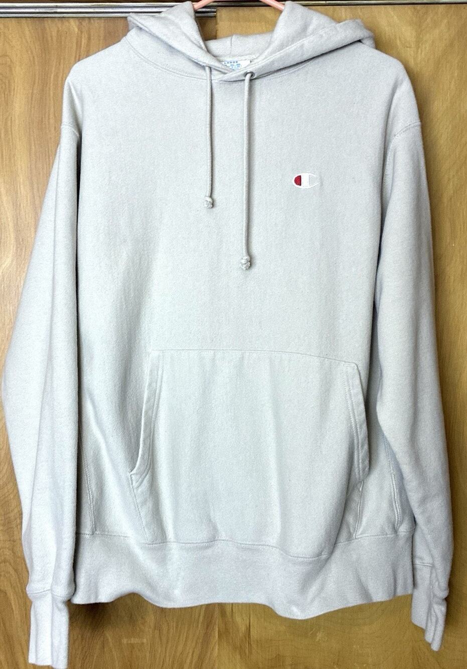 Champion Reverse Weave Hoodie Mens Large Beige Pullover Fleece Logo Sweatshirt